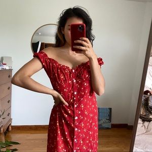 Red floral midi dress